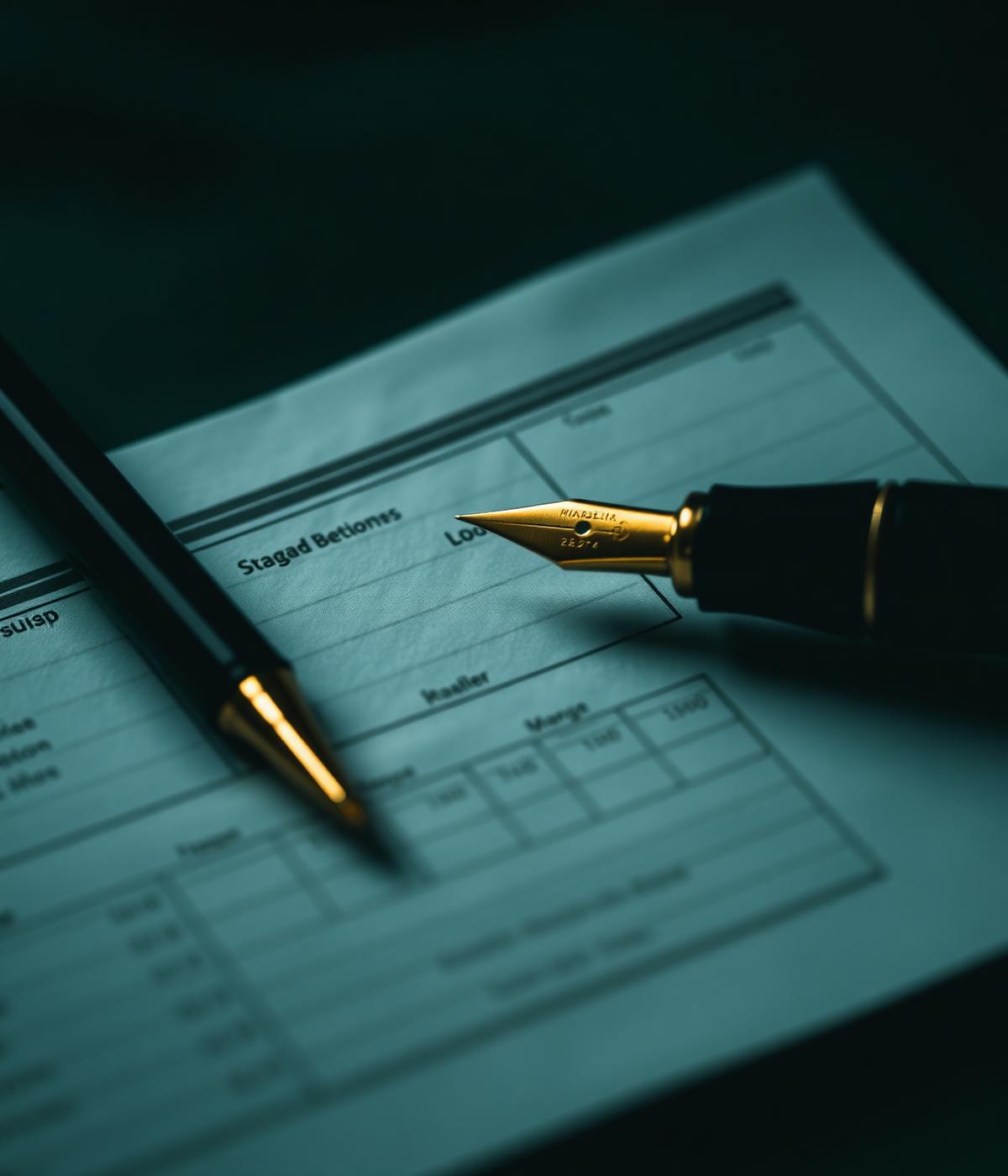 Documentos financieros y pluma sobre libro contable